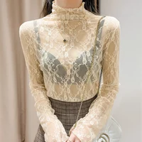 White Lace Base irt Women's Spring Summer Faionable Hollow out Me Top High Collar Net irt Sweet Sle Long Sve Sli... - Image 3