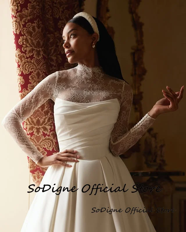 SoDigne A-line Satin/Lace Wedding Dress Full Sleeves High Neck Bride Dresses Women Bridal Gowns vestidos de novia Customized 13 S4e9a50b5b3614df5b7ff0e9613a91285s