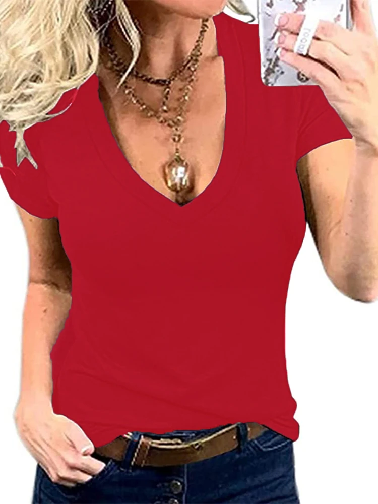 

Classic Sexy Fitted Women Shirts Short Sleeve V Neck Tops Summer Tshirt Tee Casual Basic Streetwear Vintage White Black H142