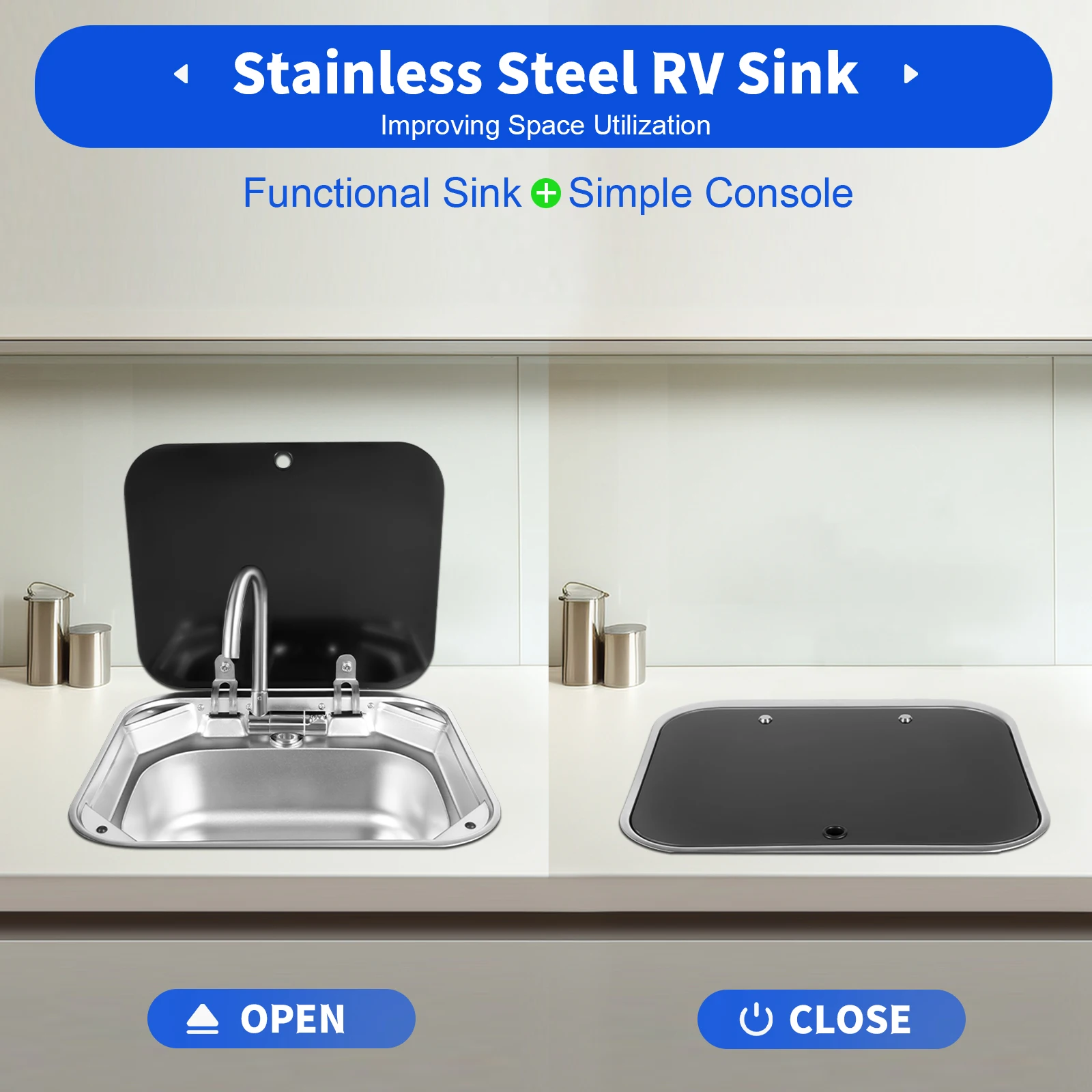 RV Sink Console Single Bowl 4In Stainless Steel Kitchen Hand Wash Basin Rotatable Faucet EVA Silent Pad for Caravan Camper