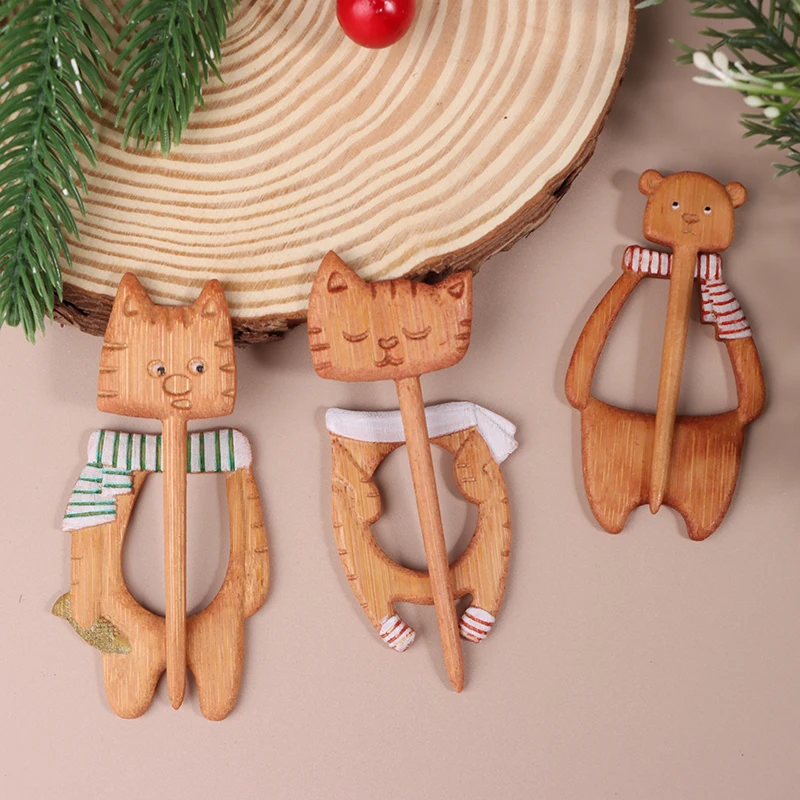 

Wooden Brooch Cartoon Animal Pattern DIY Craft Badge Cute Cat Fox Dog Xma Trees Pin Shawl Scarf Buckle Clasp Pins Jewelry Gift