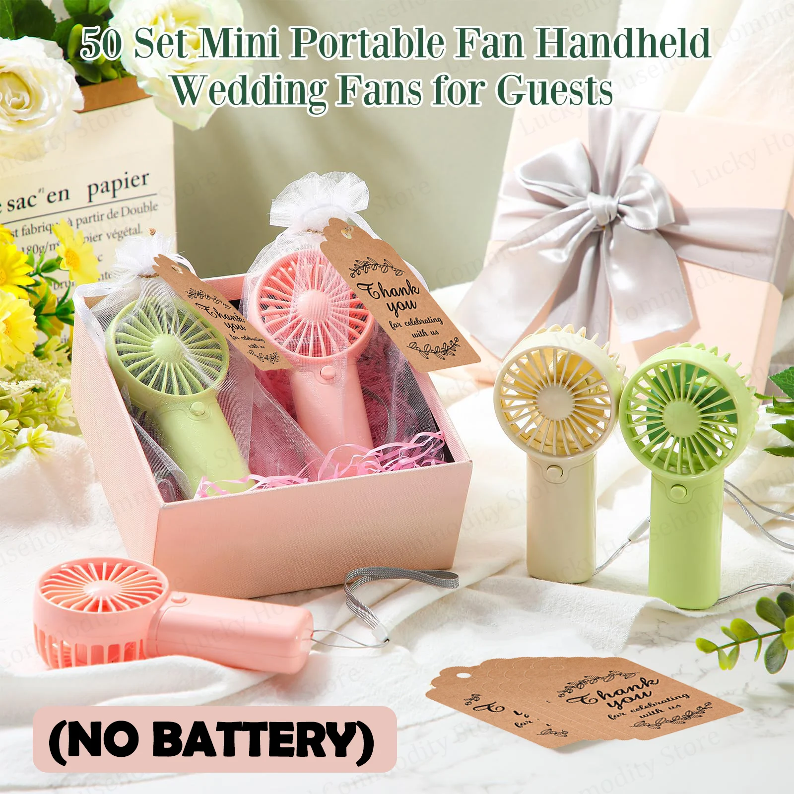 10-100PCS Portable Handheld Fan Bulk Wedding Mini Fans Battery Operated Personal Fans with Thank You Cards Party Favors 6