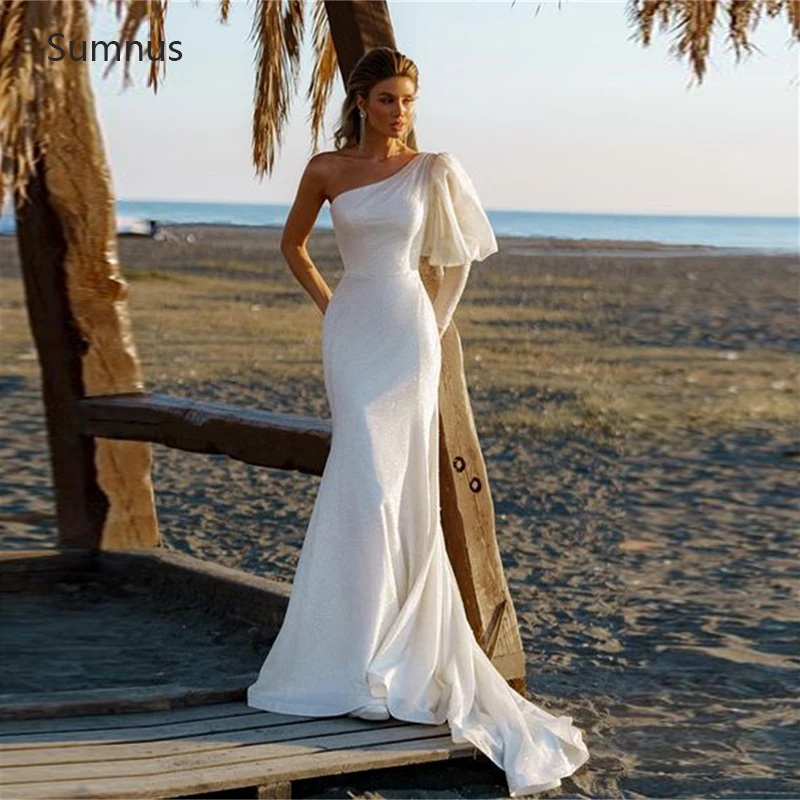 

Sumnus Sexy Glitter Sequins Mermaid Wedding Dresses 2022 Beach One Shoulder Long Bridal Gown Vestido De Noiva Robe De Mariée
