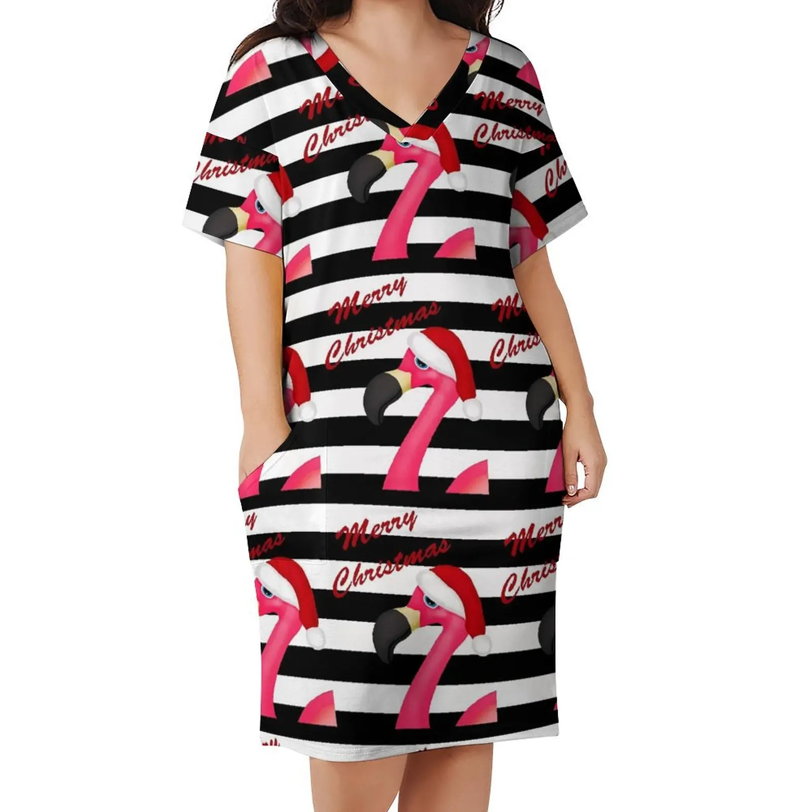 

Pink Flamingo Christmas Dress Women Black Striped Aesthetic Casual Dress Summer V Neck Cute Oversized Dresses Birthday Gift