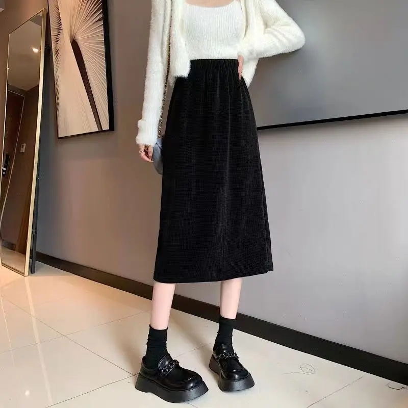 

Half length Dress Autumn/Winter A-line Corduroy Dress High Waist Mid length Back Split Solid Color Versatile Retro Style