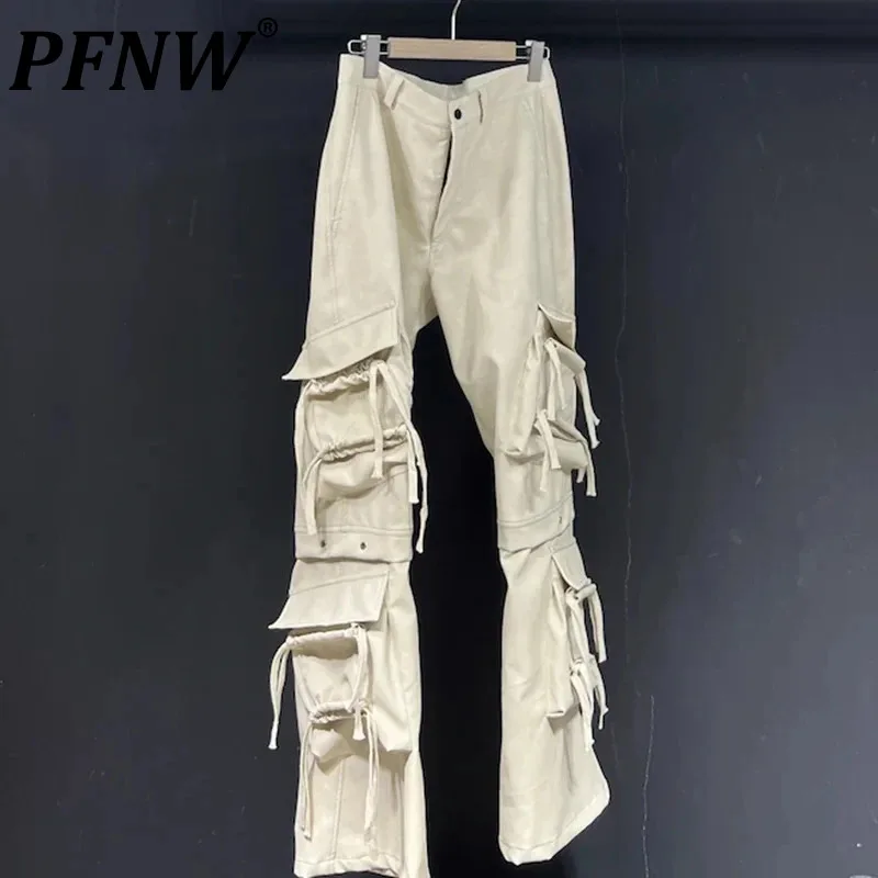 PFNW Men's PU Leather Flared Pants Silhouette Ribbon Solid Color Safari Style Sports Camping Personality Trousers Autumn 21Z3403