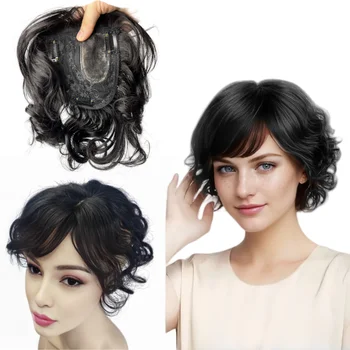 100%  Real Human Hair Toppers For Women Natural Wavy Clips in Hairpieces with Bangs Hair Accessories Lace &Pu Base 10x12cm