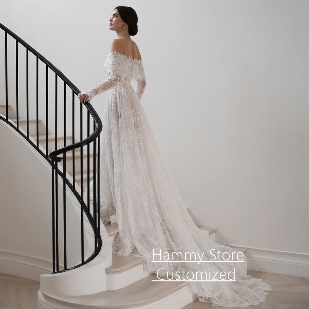 Exquisite Arabian Lace Wedding Dress Customized Off The Shoulder Long Sleeves Pearls A Line Corset Arab Bridal Gown