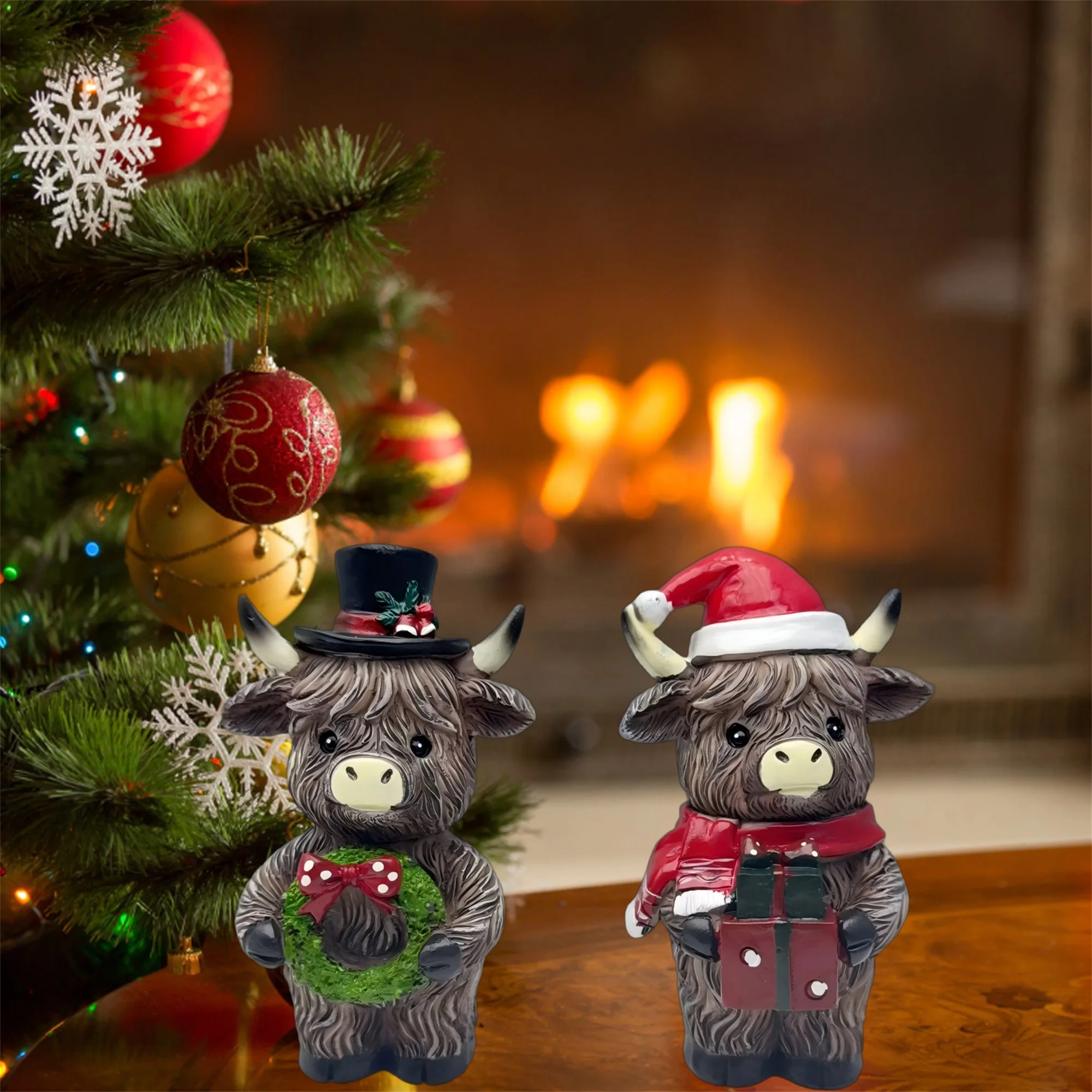 Festive Highland Cow Figurine with Santa Hat and Wreath Decoration Resin Sculpture for Home or Office Holiday Display S4e9af0a7e9134915a5a5fe0b2bb13c884