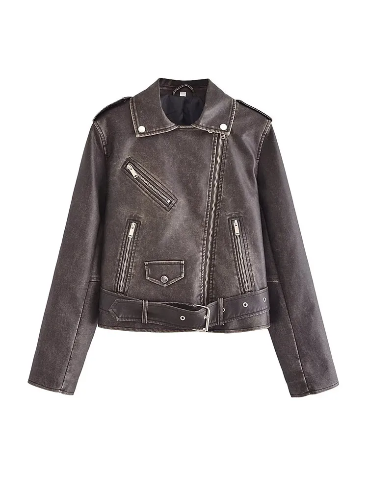 

Women's 2023 New Vintage Pu Leather Bomber Jacket Fashion Lapel Zipper With Pocket Coat Top Autumn Winter Ladies Chic Streetwear