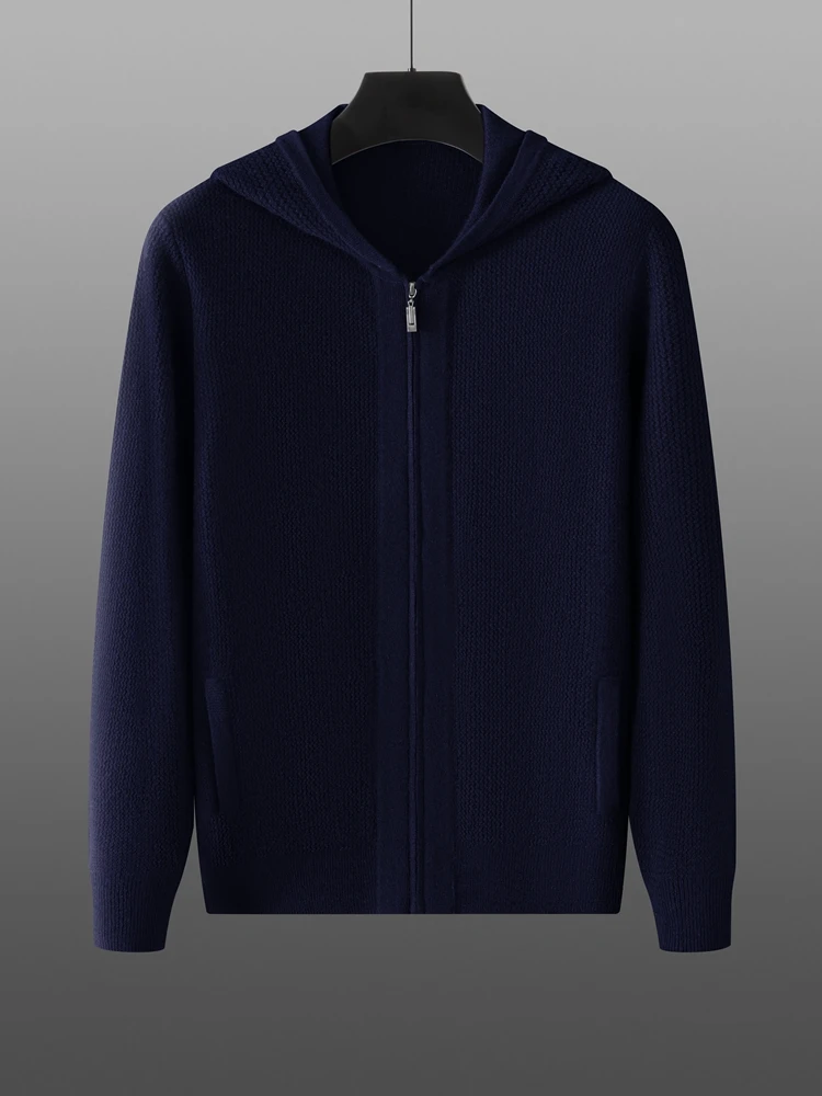 Aliselect Men Pure Cashmere Hooded Cardigan Autumn Winter New Zipper Knit Jacket Thick Sweater Leisure Plus Size Coat Warm Shirt 6