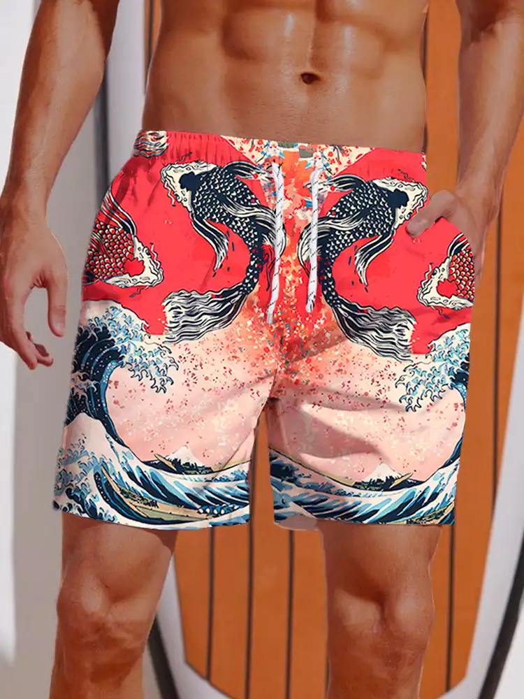 3D Printed Ukiyo-E Giant Fierce Shark And Cruise Ship Printing Shorts Men's Board Shorts Swim Trunks Drawstring Breathable Short 5