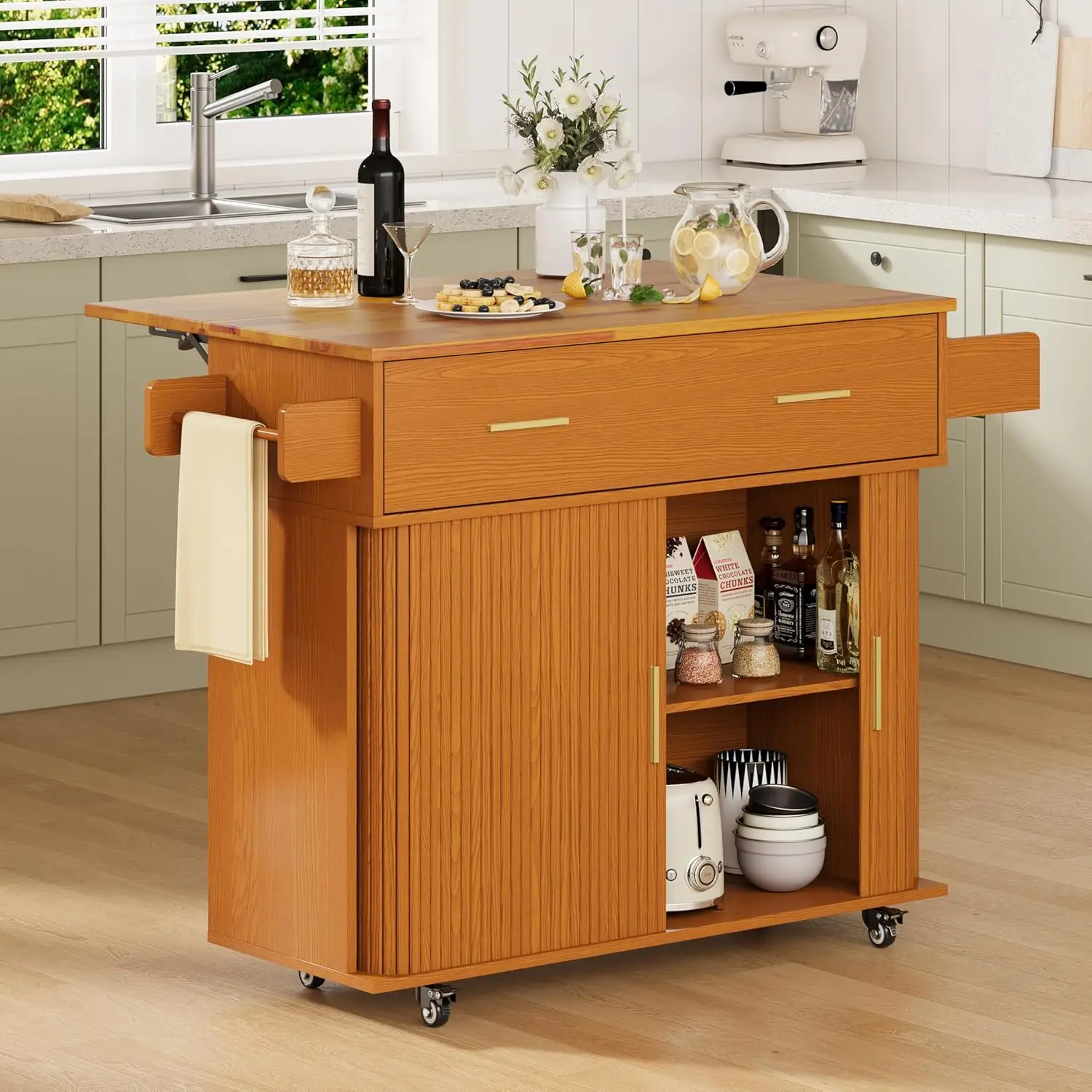 Rolling Kitchen Island Drop Leaf Countertop Mobile Cart Sliding Door ...