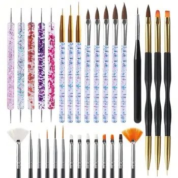 31pcs Nail Art Brushes, Nail Art Tool Set, Dotting Tools, Dust Brush,Striping Brushes For Long Lines, Drawing Pen For Gel Polish Design Supply