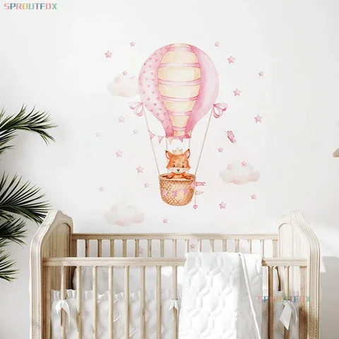 

Pink Fox Animals Watercolour Hot Air Balloon Wall Stickers for Baby Nursery Room Girls Bedroom Kids Stickers