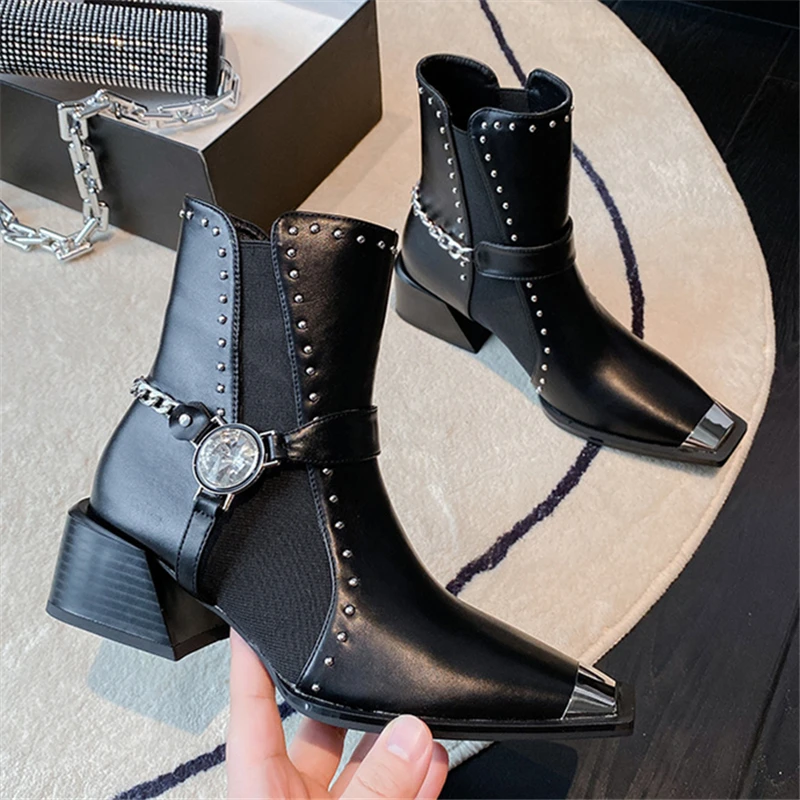 

Metal Square Toe Chunky Cowboy Boots for Women Autumn Black Combat Chelsea Botas Femininas Western Chains Decor Botines Mujer