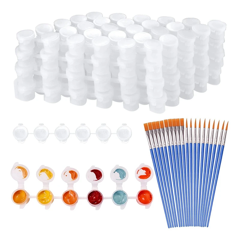 

80 Strips 480 Pots Empty Paint Strips And 80 Pieces Paint Brushes,Paint Cup Clear Plastic Storage Containers,3Ml/0.17Oz