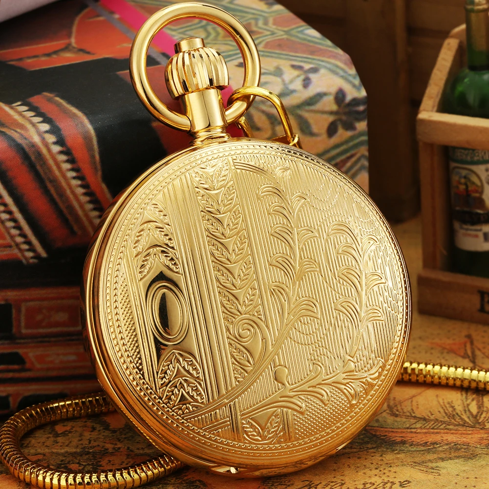 Tanie Złoty mechaniczny zegarek kieszonkowy wzór kwiatowy miedziany mechanizm automatyczny wisiorek