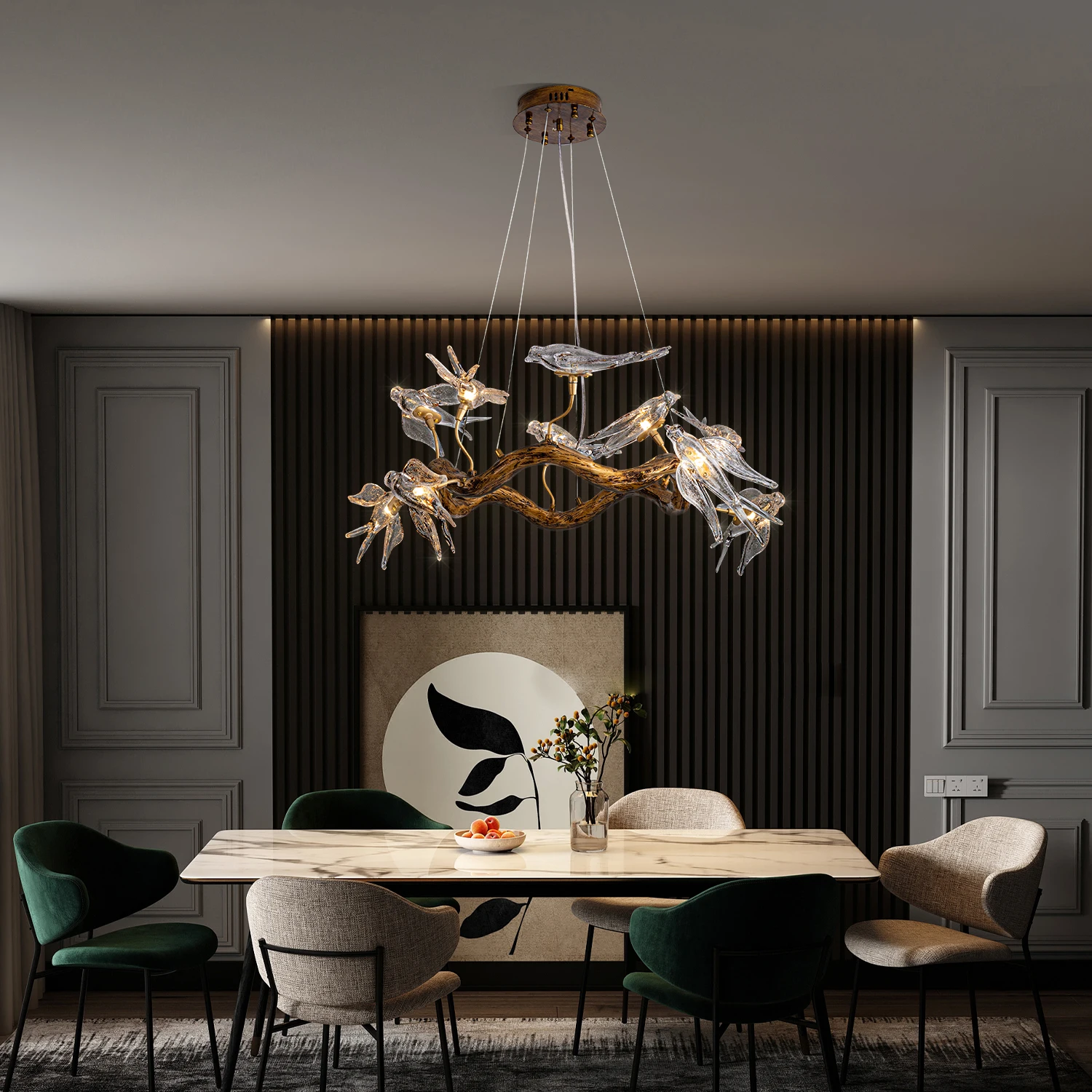 Vintage Round Glass Bird Ceiling Chandelier Swallow Long Dining Table Living Room Luxury Branch Pendant Chandelier Lamp Designer Led Chandelier Ceiling Chandelier Led Pendant Light