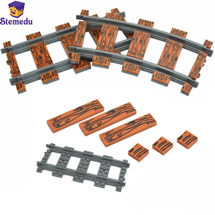 

1X1 1X4 Wood Texture Trains Track Rail Decorate Straight Curved With Smooth Bricks Assembled Rails Building Block Model City Toy