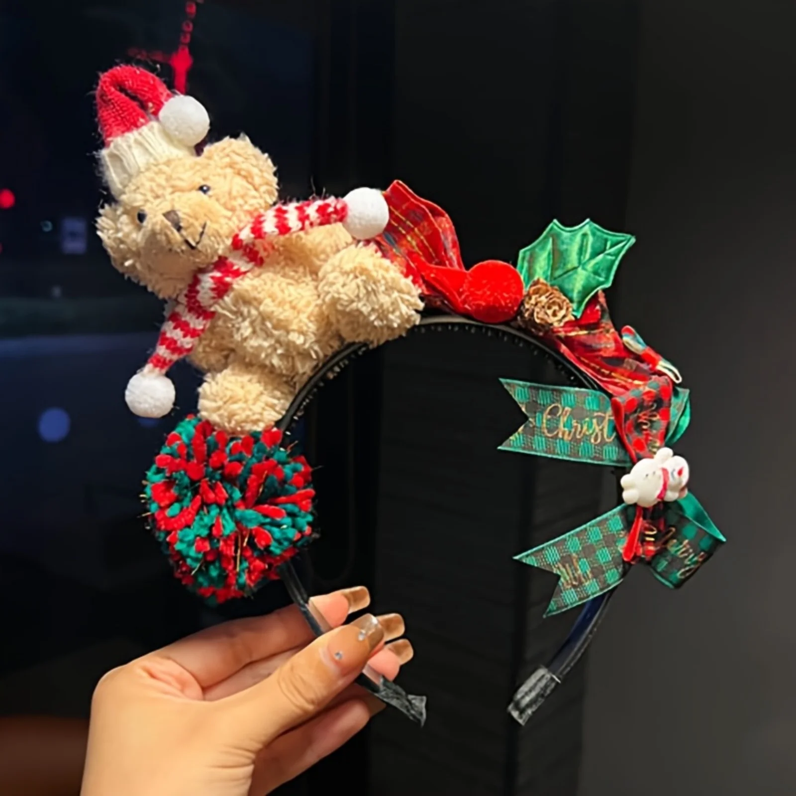 1PC Christmas Teddy Bear Headband, Plush Santa Hat Scarf Design, Festive Red Green Pom Poms, Cute Xmas Hair Accessory for Women
