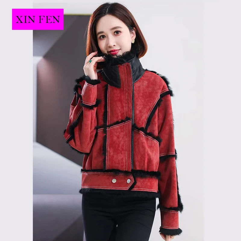 

2023 Autumn Winter Fur Coat natural Rabbit Short Women's Rabbit Fur Lining Sheepskin Neck Fashionable Warmth Overcoat