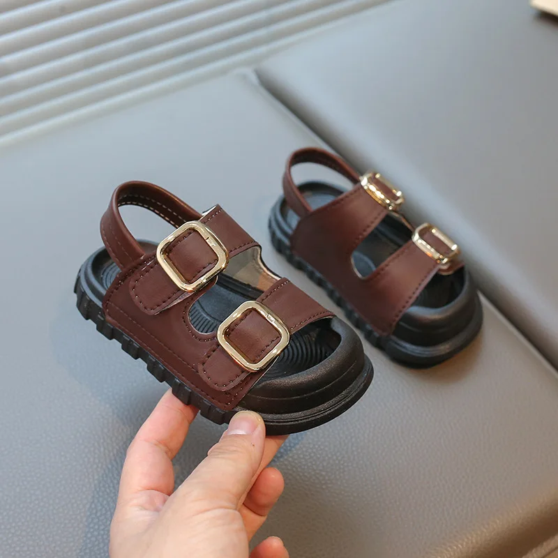 Summer Solid Children Sandals Buckle PU Leather Non Slip Boys Girls Beach Shoes Hook Loop Soft Bottom Toddler Kids Sandals