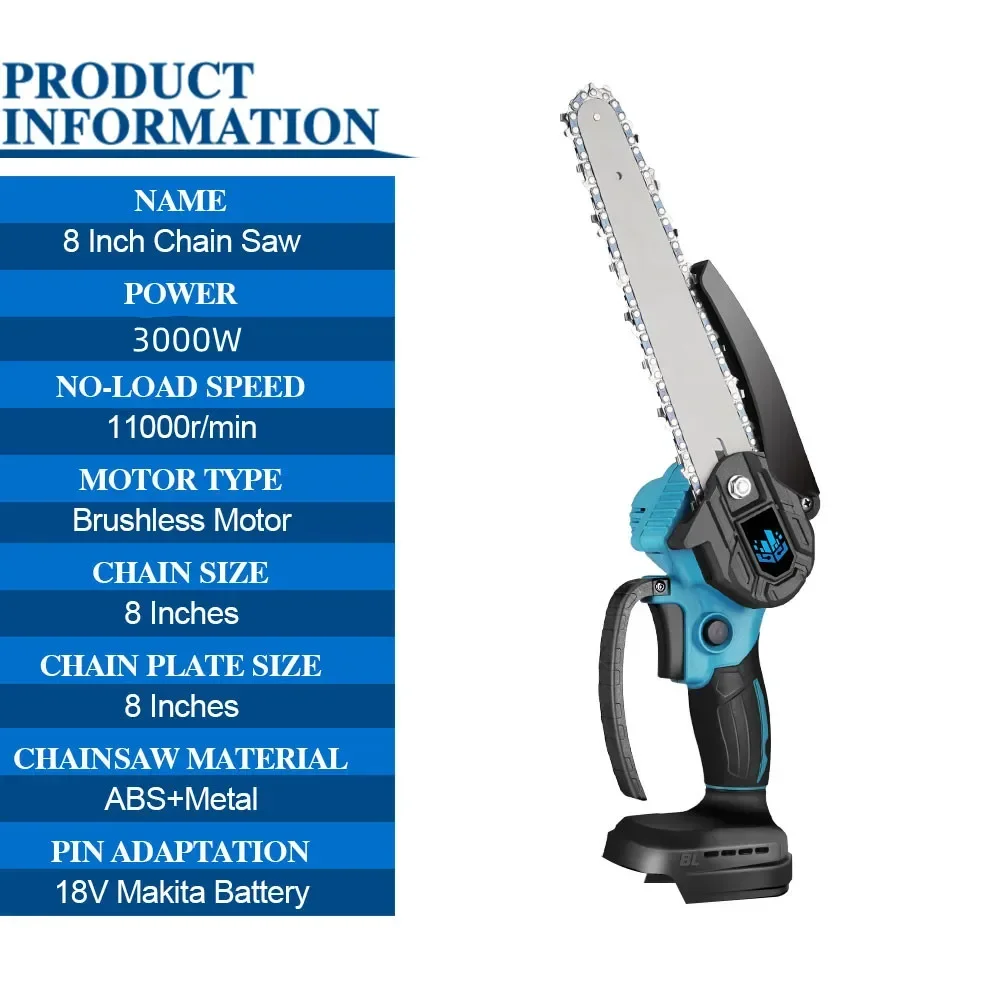 Brushless Electric Saw Chainsaw 3000W 8 Inch with 388VF Battery Garden Wood Pruning Cutter Power Tool For 21V 18V Battery