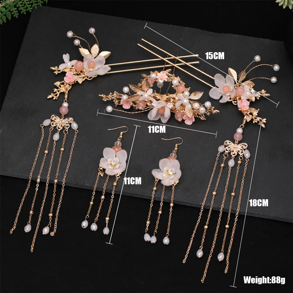 Girls Headpiece Long Flower Handmade Fashion Tassel Headwear Sets Hair Comb Hanfu Hair Stick Earrings
