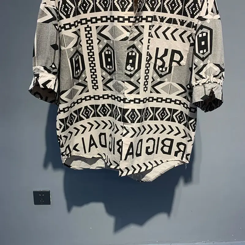 2024 New Summer Trend Korean Version Personalized Hip-hop Style Lapel Fashionable Print Loose Oversize Casual Mid Sleeved Shirt