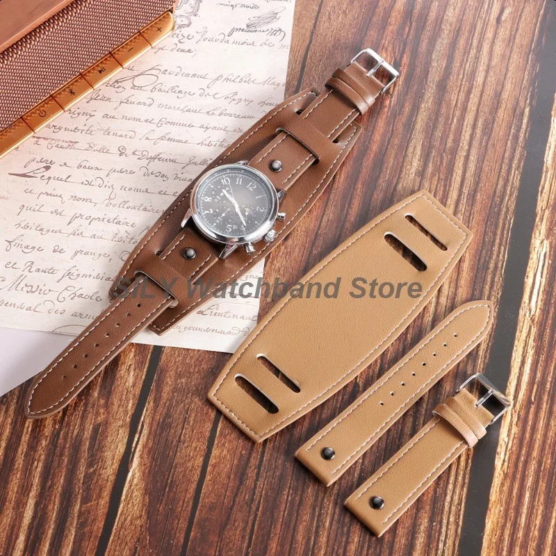 Vintage-Style Leather Watchband Strap, Black and Brown Bracelet