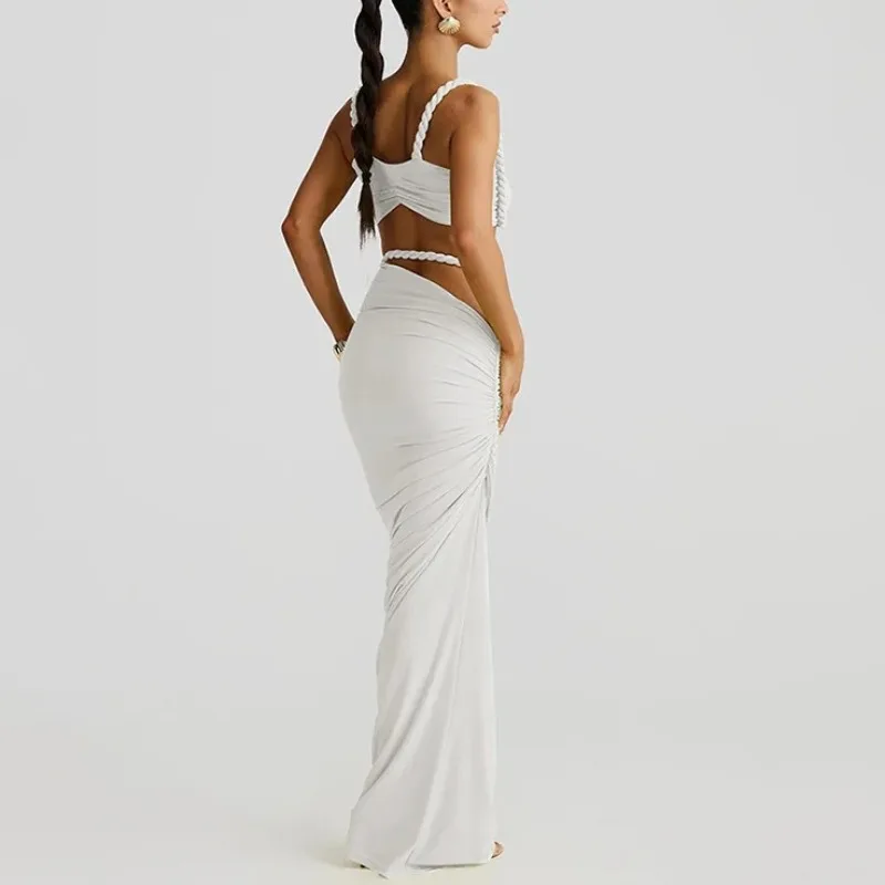 Women's Clothing Sexy Solid Color Backless Small Tank Top Hip Wrap Skirt 2 Piece Set Pleated Maxi Dress Party Suits