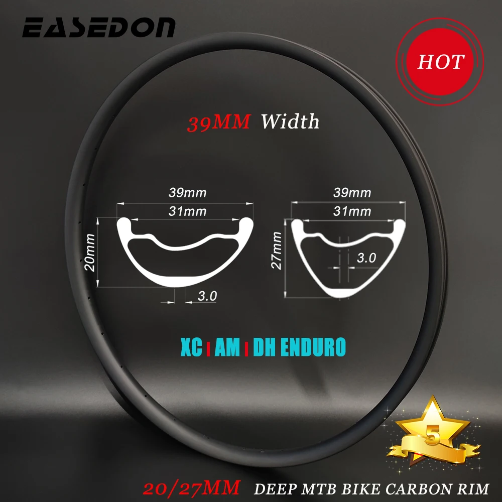EASEDON Carbon Rim, DH XC AM 29ER MTB 39mm Wide 20 or 27mm Deep Mountain Bike Enduro Downhill Boost Tubeless Asymmetry UD 3K 12K Custom