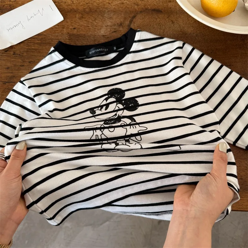 Kids Long-sleeved Shirts for Spring Casual Stripe Tops For Boys Girls Mickey Print Round Neck Base Shirt Baby Cute Fashion Top