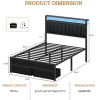 Bed Frame with Charging Station and LED Lights, Grey Upholstered Headboard with Shelves, Metal Platform Bed, Customized 2
