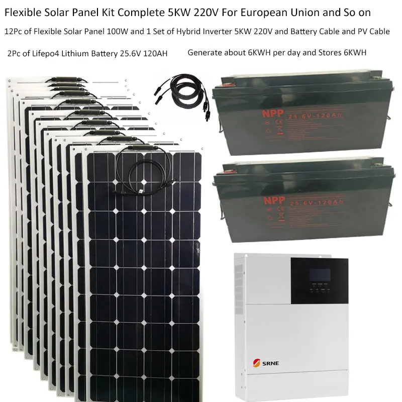 

Flexible Solar System For Home Complete Kit 5000W 110v 220V LiFePO4 Lithium Battery Hybrid Inverter UPS Home Off Grid System