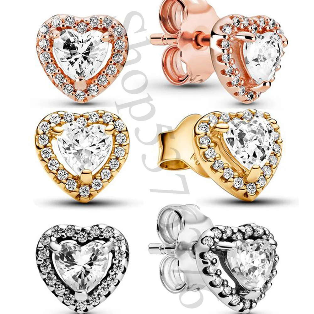 

Authentic 925 Sterling Silver Sparkling Elevated Heart Fashion Stud Earrings For Women Gift DIY Jewelry