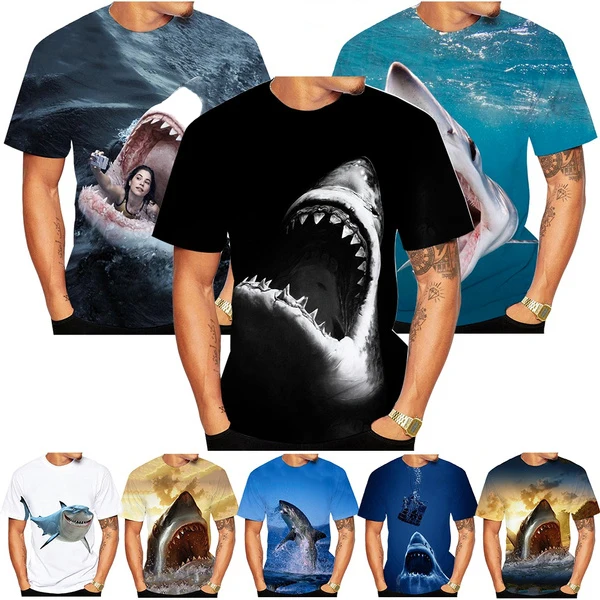 

Футболка мужская с 3D-принтом акулы, крутая тенниска с коротким принтом ужасов, лето