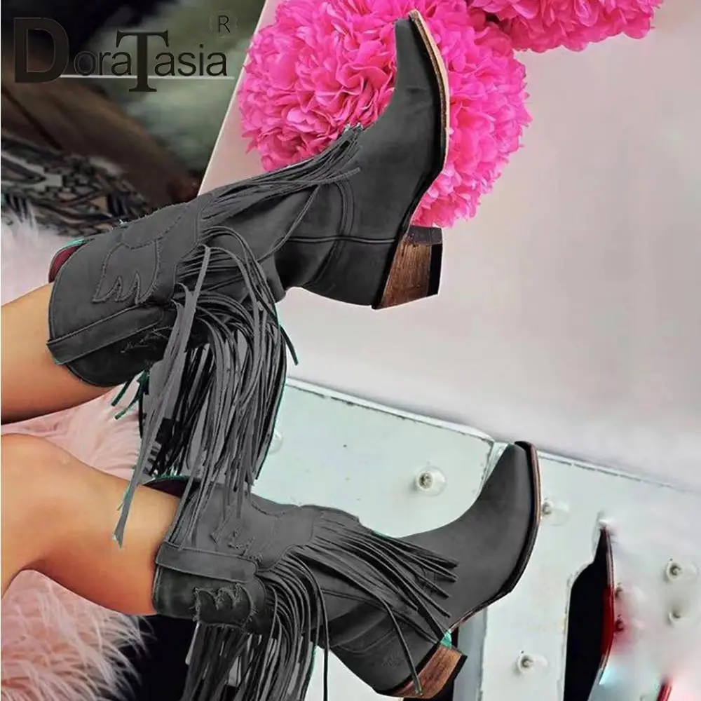 Brand New Ladies Chunky High Heels Western Boots Fashion Sewing Fringe Spring Autumn women's Boots Casual Party Shoes Woman