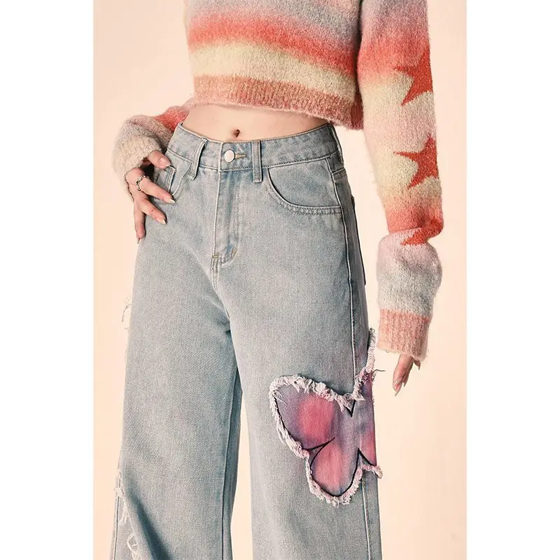American retro butterfly embroidery design raw edge jeans for women in spring and autumn sweet and cool wide-leg straight pants