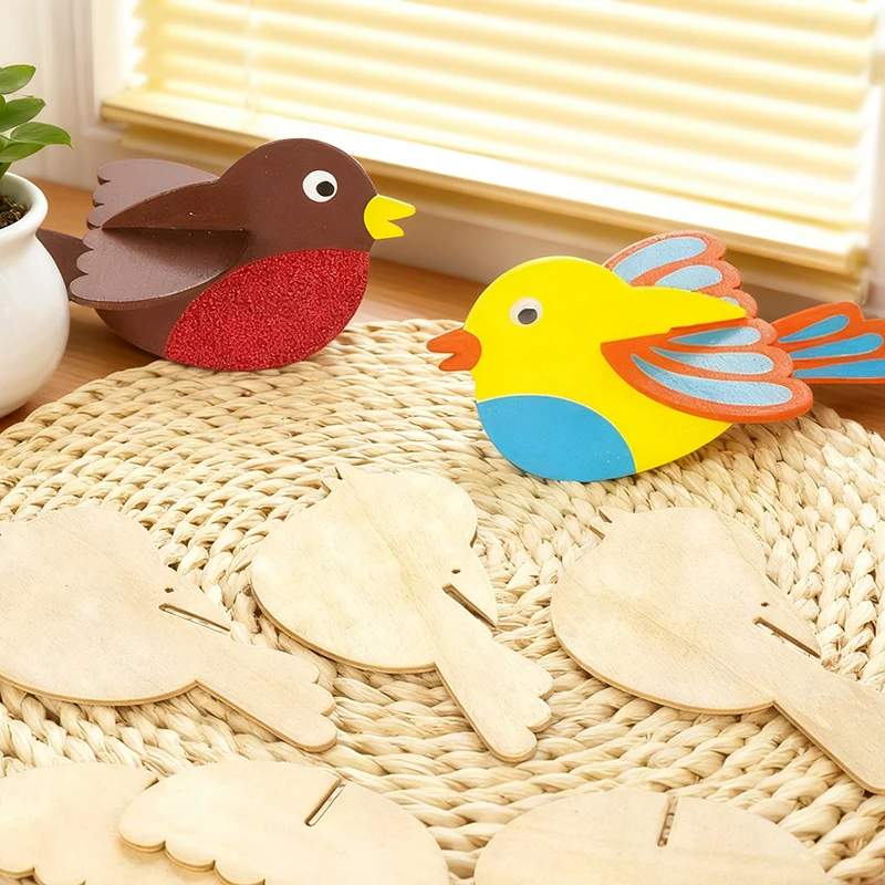 YOMDID 5 Stück unvollendete Holzornamente – leere hängende Vogeldekorationen aus Holz, bunt bemaltes Design (mit Hanfseil) – Detail 7