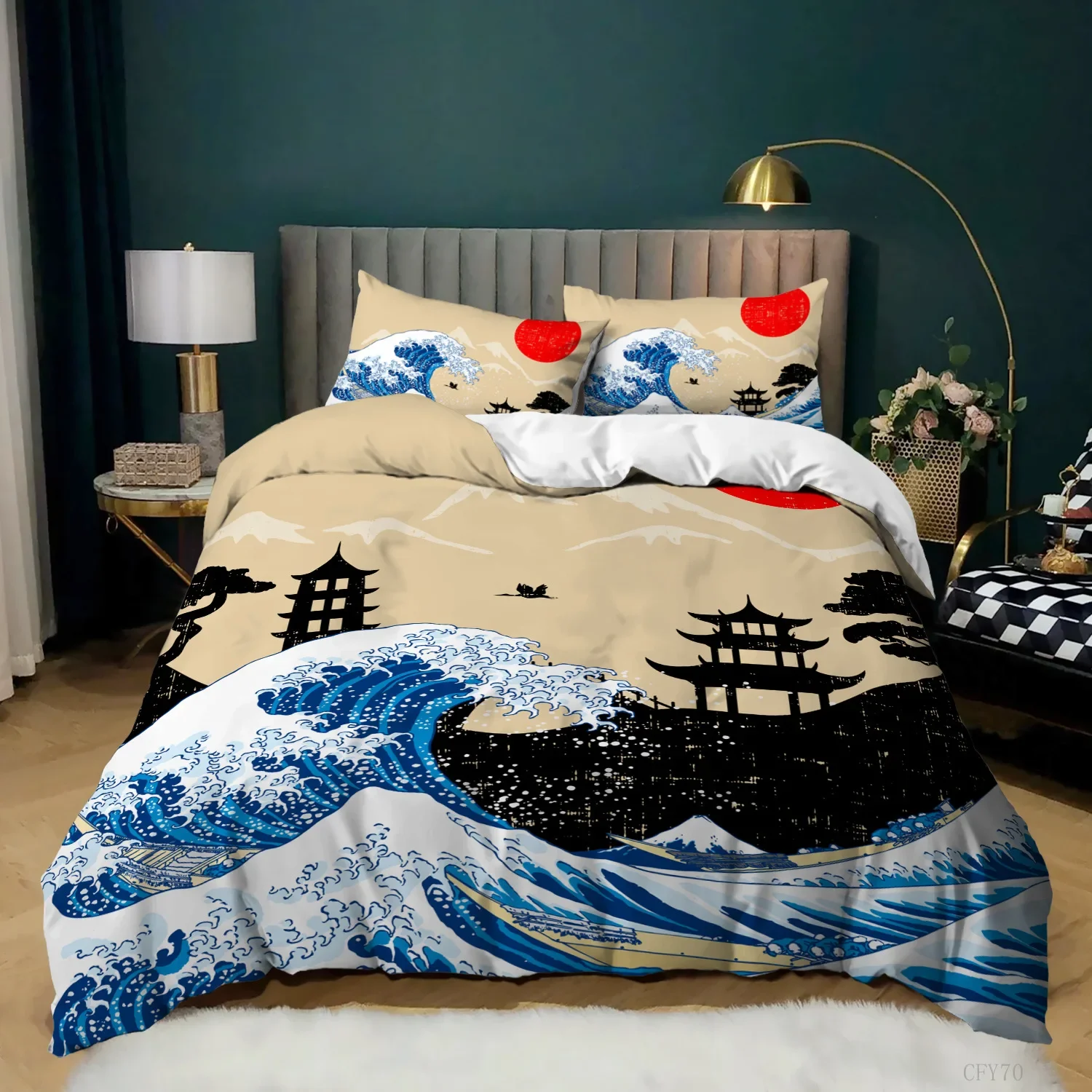 Japanese Style Comforter Cover Set Cherry Blossoms Crane 2/3pcs Polyester Bedding Set Sea Waves Duvet Cover Set Twin Queen Size