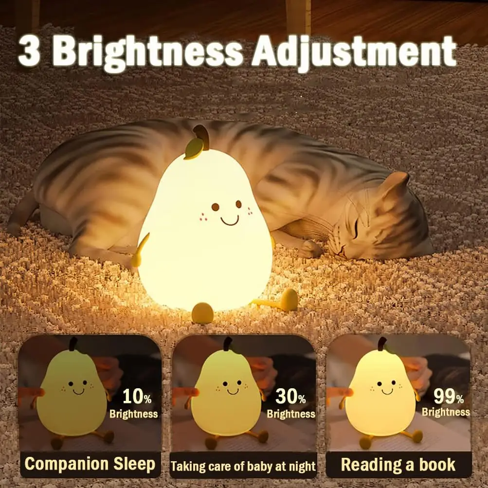 Cute Pear Durian Drumstick Night Light USB Rechargeable Nightlights Silicone Lamp Touch Switch Bedroom Decoration Birthday Gift 3