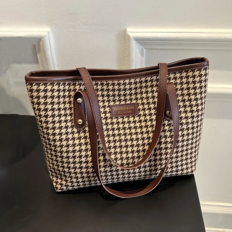 Casual Houndstooth Print Tote Bag, Large Capacity Shoulder Purse with Brown Leather Straps, Versatile for Everyday Work Outings