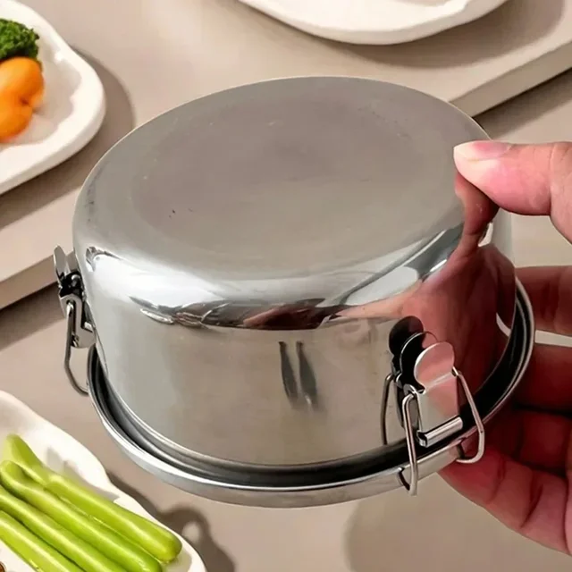 Boîte à déjeuner ronde pour micro-ondes avec couvercle, boîtes à Bento portables en acier inoxydable, conteneur de stockage des aliments anti-fuite, bol, conteneurs de pique-nique 4