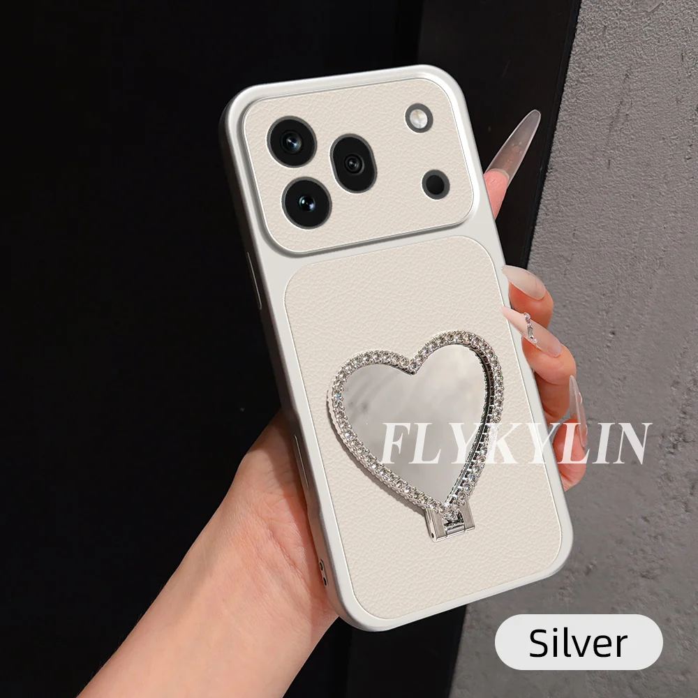 Litchi Skin Shock-Absorbing Phone Case with Heart-Shaped Mirror Holder