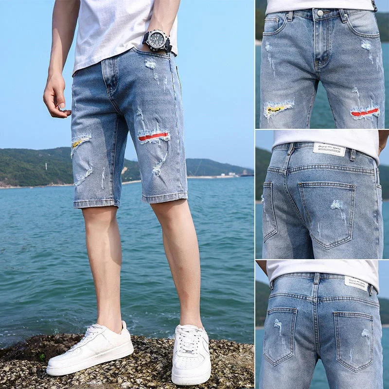 thumbnail image 1 of Pantalones cortos de mezclilla para hombre, largos, con parches de texto, bermudas, pantalones vaqueros cortos para hombre, moda coreana, nuevos en diseñador, botones Xxxl, verano, 1 of 5