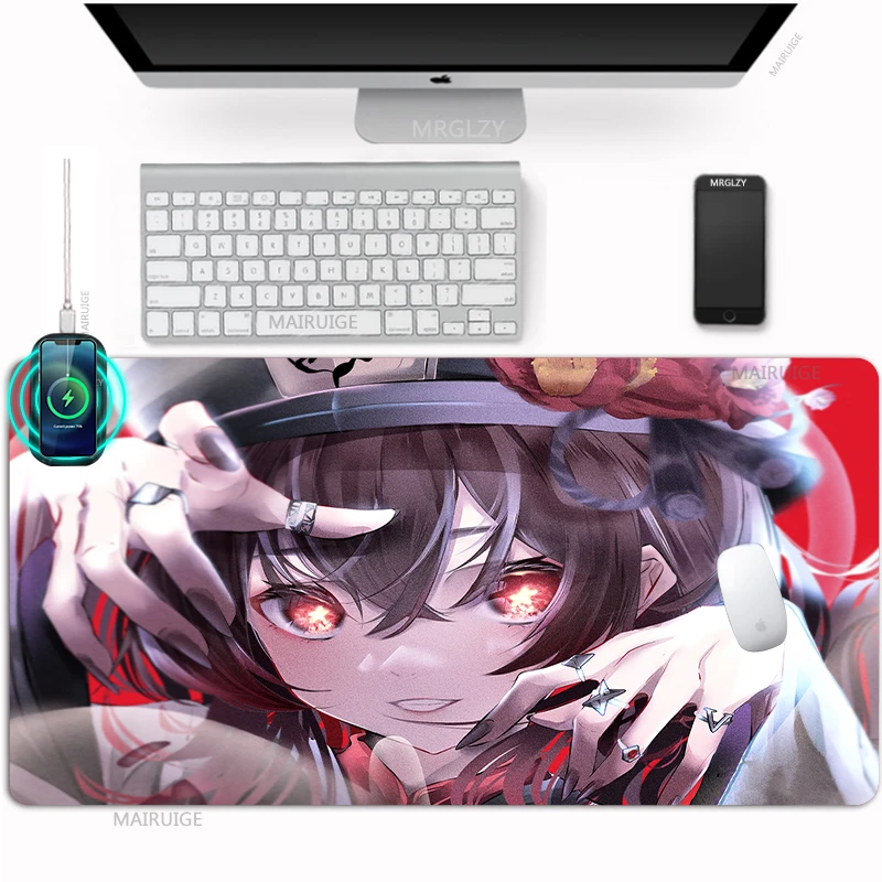 

Genshin Impact Wireless Charging Mouse Pad Sexy Hutao Large Gamer Carpets Playmat Desktop Charger 40*90CM XXL Anime Table Mats