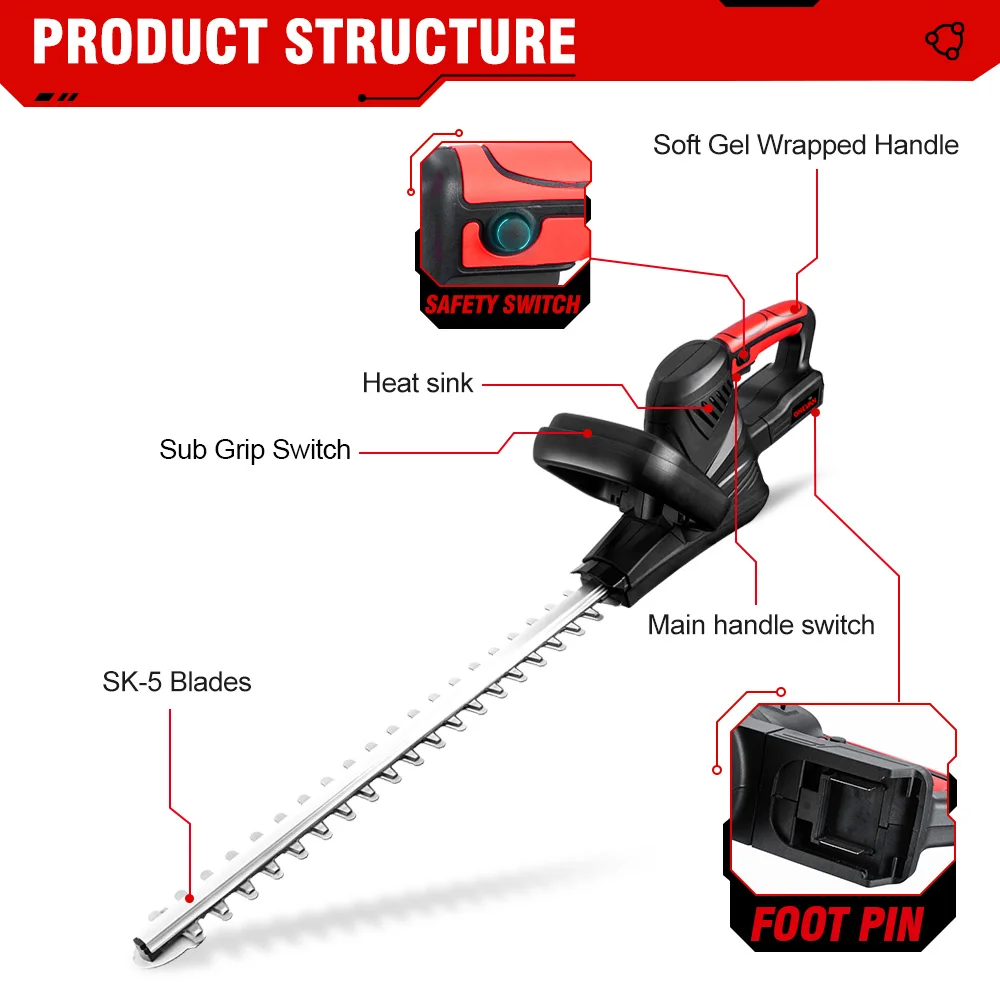 ONEVAN 2000W 51CM Brushless Hedge Trimmer Electric Cordless Garden Bushes Branch Cutting Power Tools For Makita 18v Battery 4