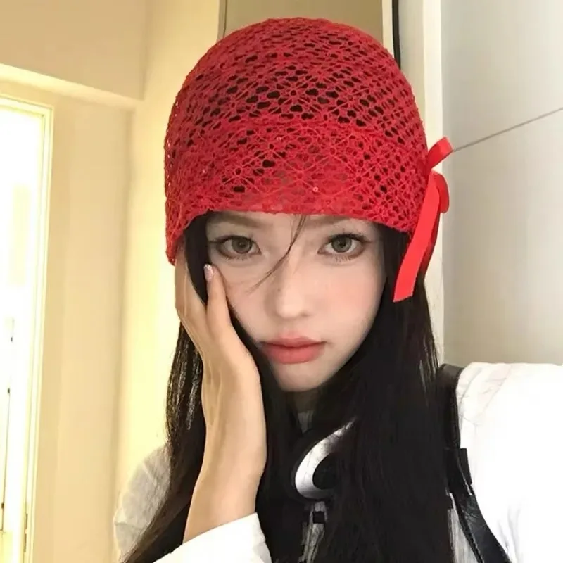 Niche Literary Hollow Bowknot Cold Cap Women Knitted Hats Girls Lace Y2K  Skull Cap Versatile Elastic Crocheted Beanie Hats 3